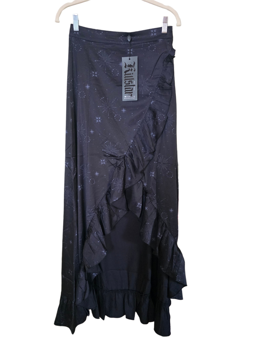 Killstar Black Star-Print Asymmetrical Ruffle Maxi Skirt